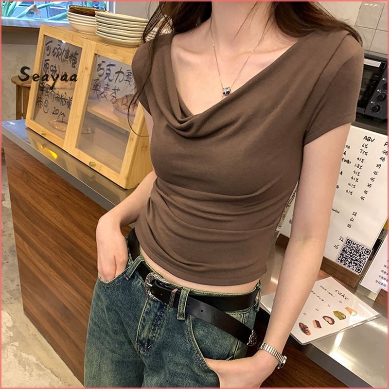 เอว Retraction จีบด้านบนคอวี Bottoming เสื้อผู้หญิงอเนกประสงค์แขนสั้นเสื้อยืด SY