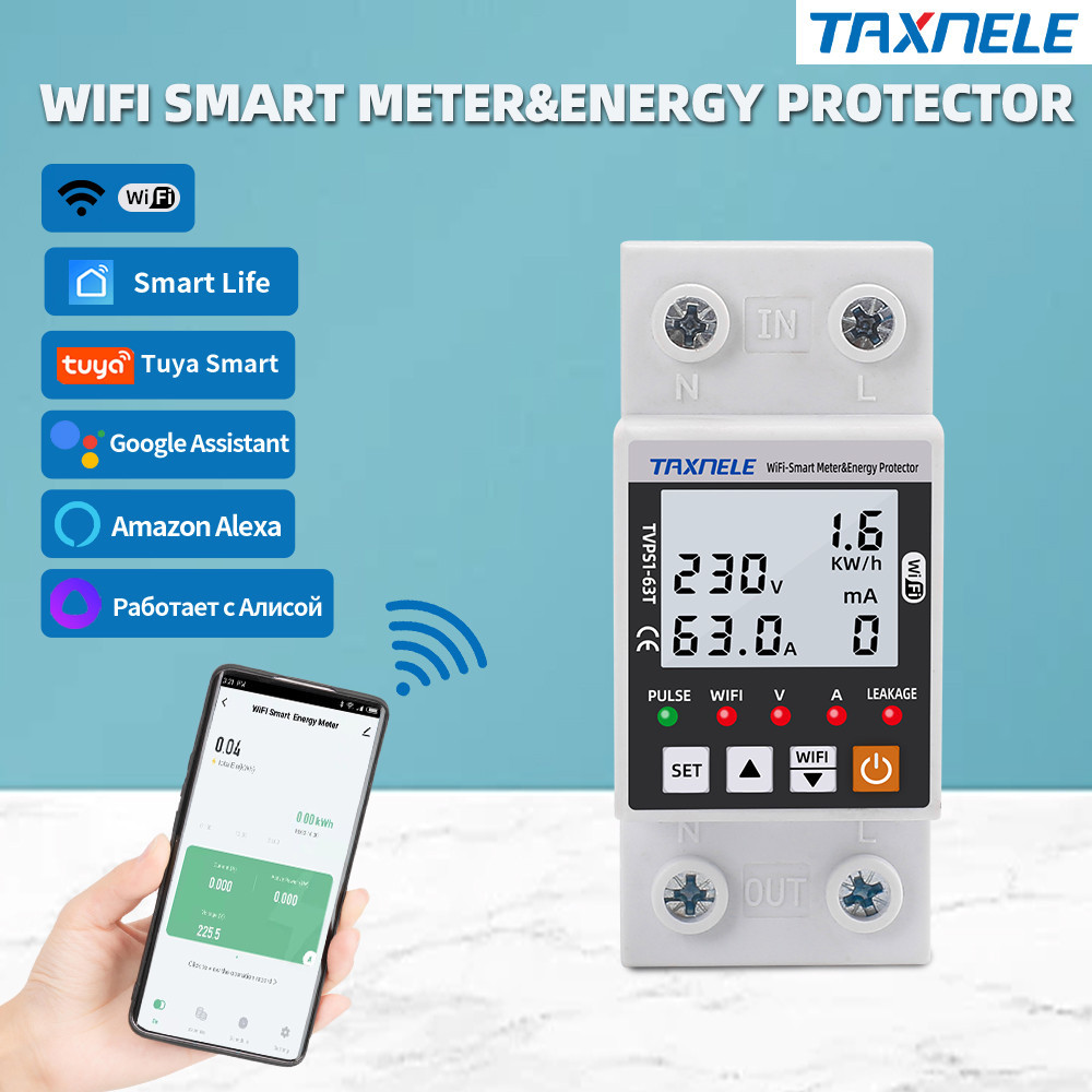 Tuya WiFi Smart Circuit Breaker 63A Leakage Over Under Voltage Protector Energy Power kWh Meter