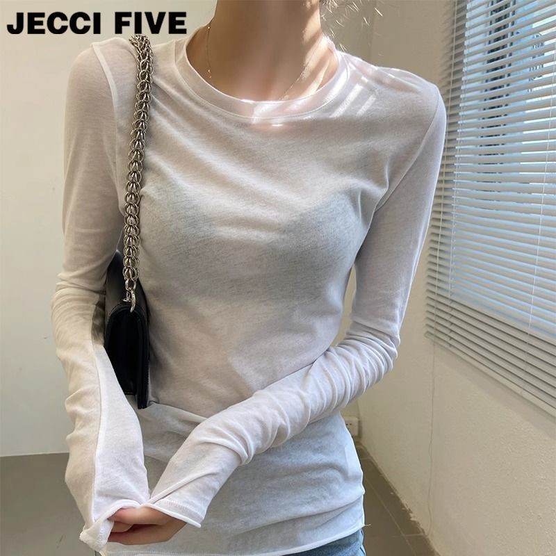 สไตล์ใหม่ฤดูร้อนสบายๆแขนยาวเสื้อยืดผู้หญิงบางสไตล์ครีมกันแดดรอบคอด้านบนผู้หญิงเซ็กซี่หวานเสื้อยืด