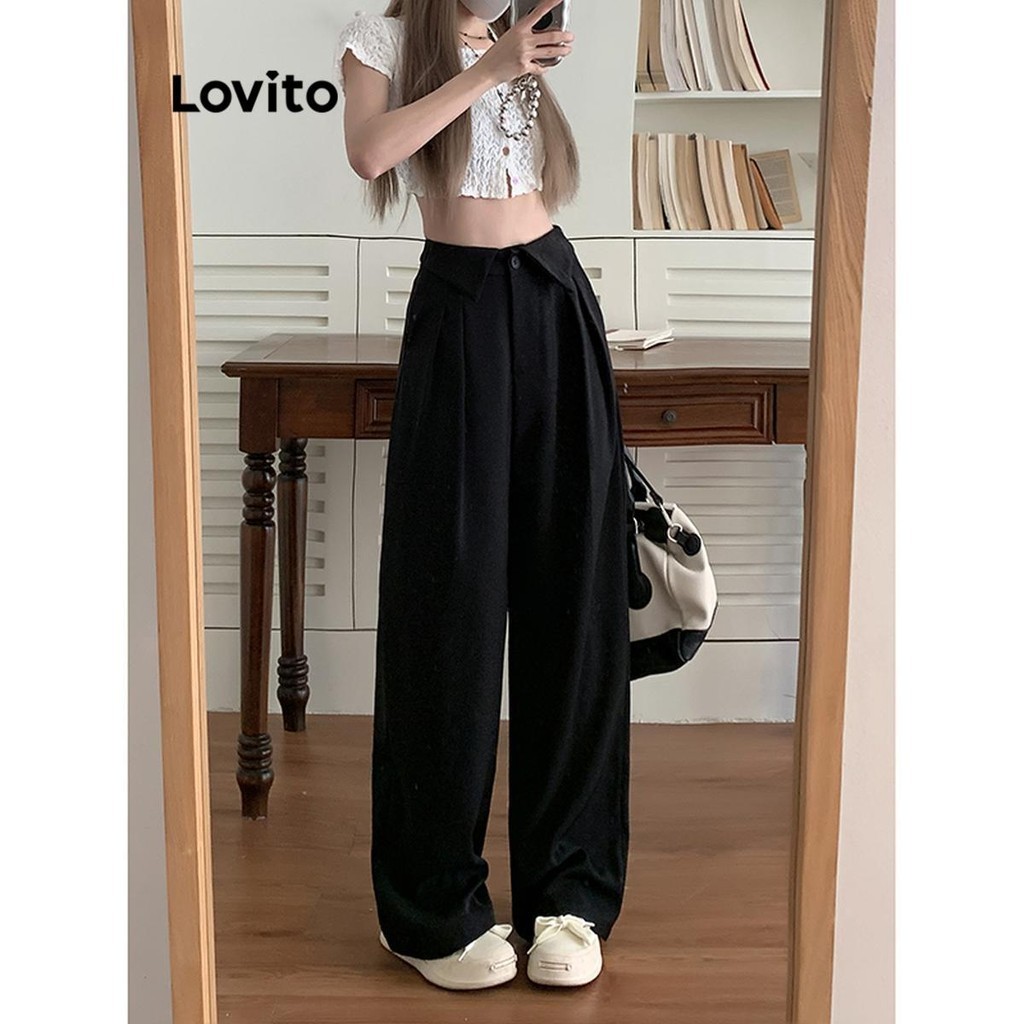 Lovito กางเกงผู้หญิง มีกระดุม สีพื้น สไตล์ลำลอง LNA56222