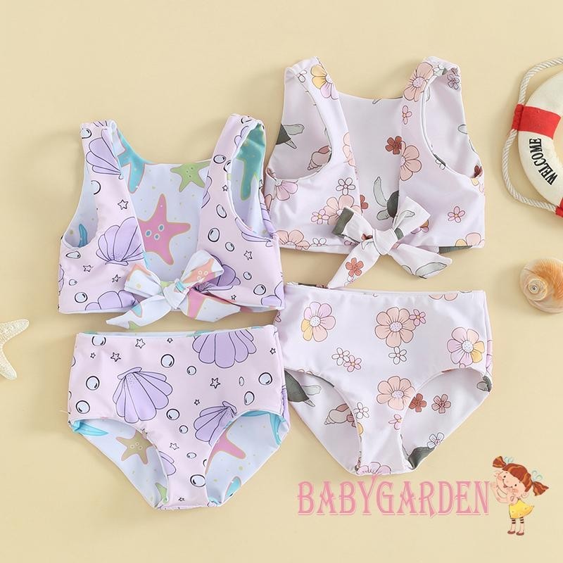 Baga-6 เดือน-4years เด็กทารกชุดว่ายน้ําสองชิ้นฤดูร้อนเชลล์/ดอกไม้พิมพ์ผูกปม Tankini และกางเกงขาสั้นยืดหยุ่นชุดชุดว่ายน้ําบิกินี่