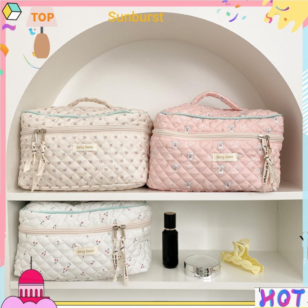 เกาหลีน่ารักกระเป๋าเครื่องสําอางแบบพกพาซิป Travel Organizer Quilted คลัทช์กระเป๋าถือ [Sunburst11.th]