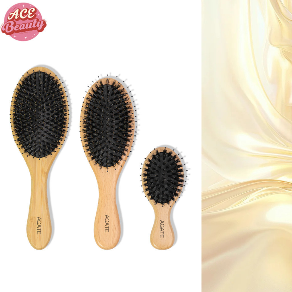 【Agate ของแท้】Boar-Bristle Hairbrush หวีขนหมูป่าแท้ ขนหมูอัดแน่น หวีลดผมร่วง ช่ว