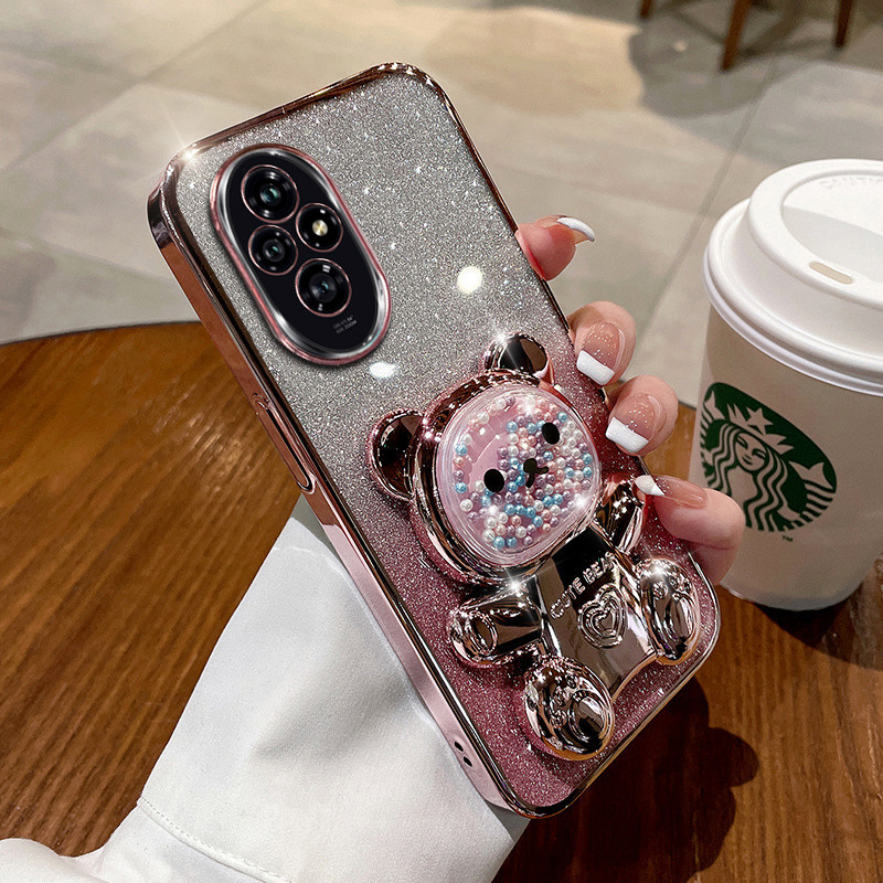 ปลอกglitterสําหรับhonor 200 Pro Honor 200 Lite 5Gน่ารักการ์ตูนหมีเคสโทรศัพท์หรูหราเลเซอร์Electroplatedผู้ถือ + พับขาตั้ง