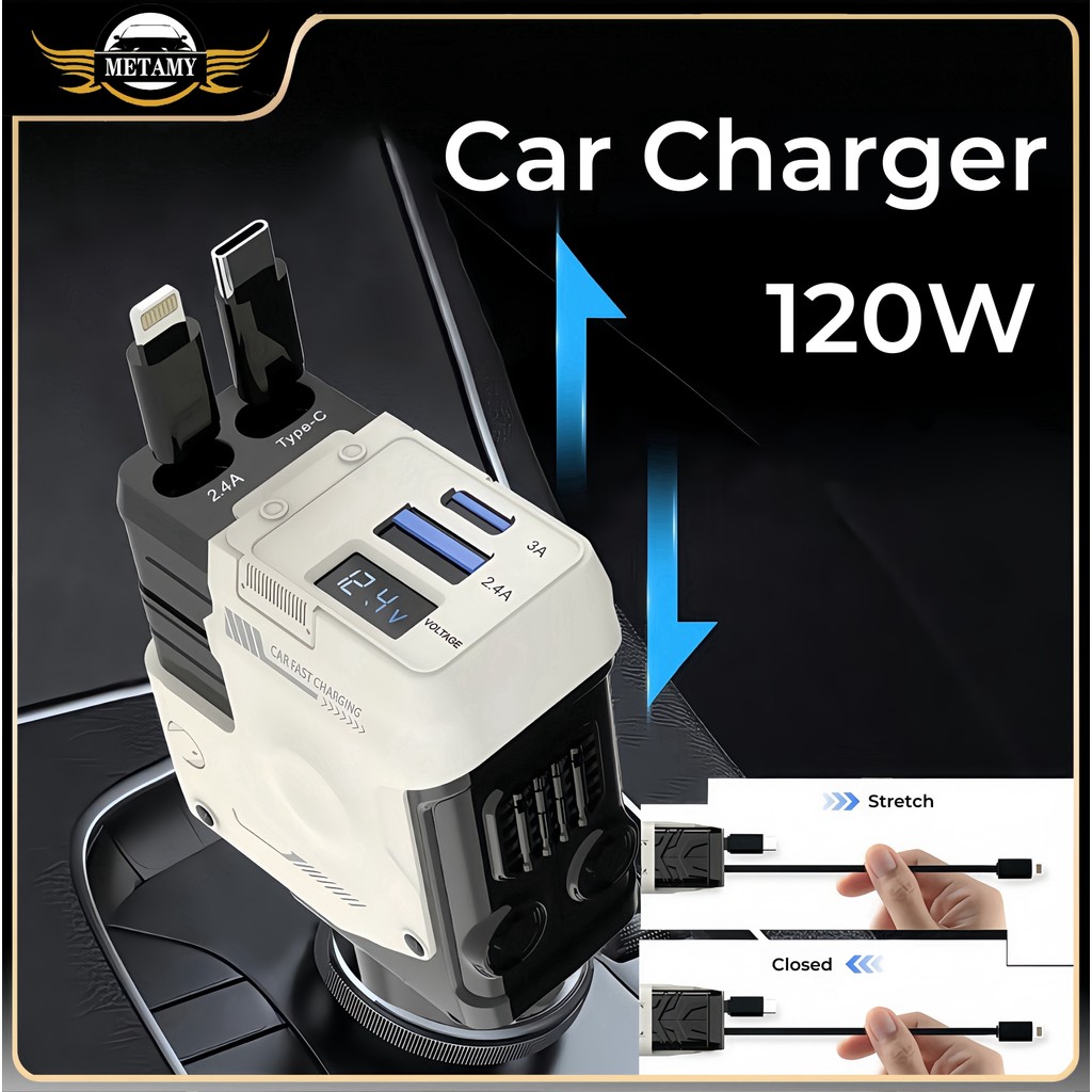 120W 4-in-1 Fast Car Phone Charger Car Fast Charger ใหม่ Scalable Cable Car Charger Adapter