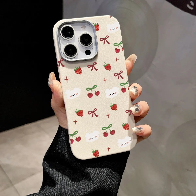 น่ารัก Cherry Puppy Bow สําหรับ Mi POCO X7 X3 X5 F5 F6 M6 X6 Pro Mi 13T 14T 15 Pro 11 Lite 5G NE Turbo 4 สตรอเบอร์รี่สีแดงหรูหราโลหะเลนส์กรอบหนังปกอ่อน