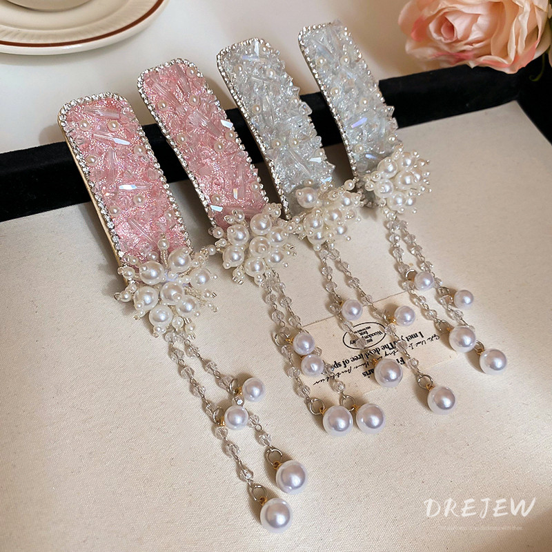 Drejew ชุดเพชรเกาหลี Pearl Flower fringe BB คลิป Niche Premium แยกผมด้านข้างขอบคลิป Everyday commuter เครื่องประดับผม