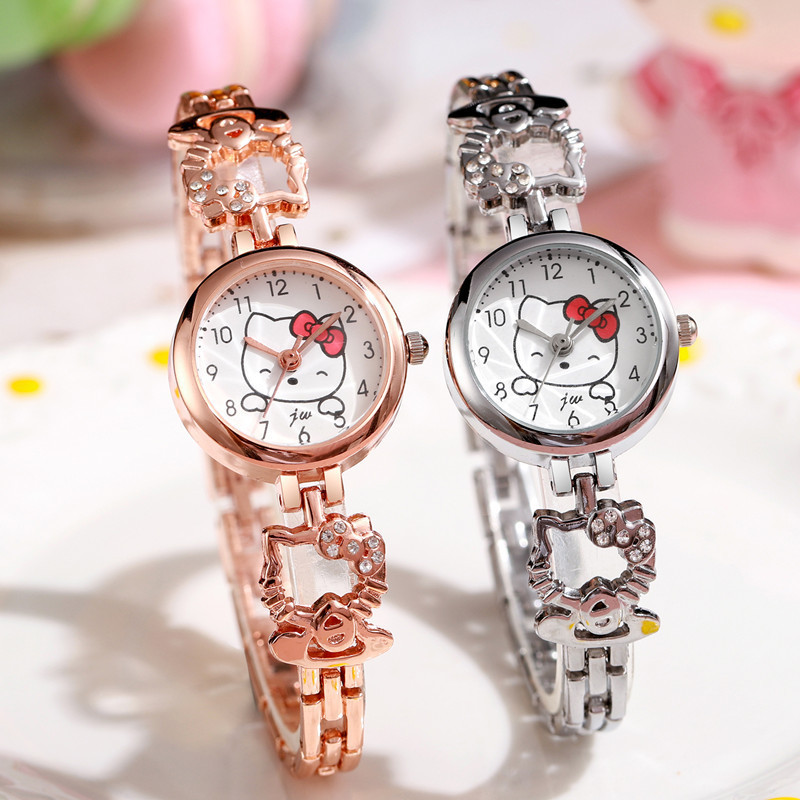 Sanrio Hello Kitty แฟชั่นนักเรียนนาฬิกาเด็กสาวเข็มขัดเหล็กนาฬิกาควอทซ์ของขวัญสร้างสรรค์