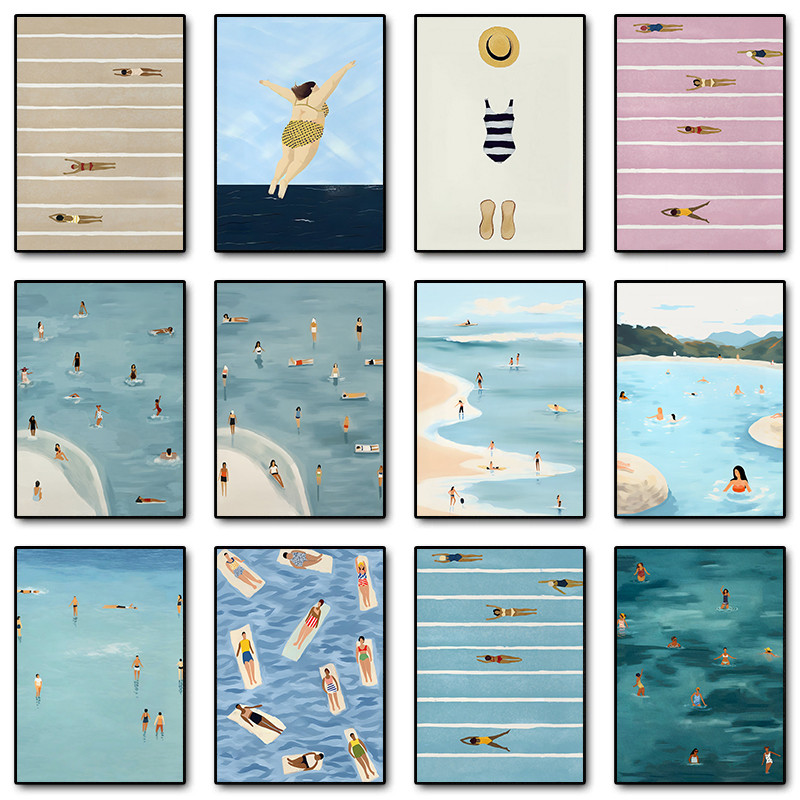 ชายหาดว่ายน้ําโปสเตอร์สระว่ายน้ําพิมพ์ผ้าใบจิตรกรรมนอร์ดิกที่ทันสมัยผนังศิลปะภาพสําหรับห้องนั่งเล่นตกแต่งบ้าน คัมรอส