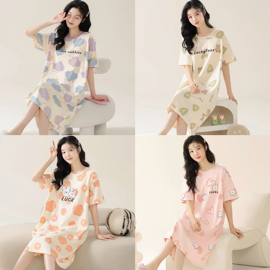 MKL พร้อมส่ง🔥ชุดนอนกระโปรงแขนสั้น เนื้อนุ่มใส่สบาย ลายการ์ตูนน่ารัก 🧸🔥🌈so cute ผ้าคอตตอล หลากสี #600