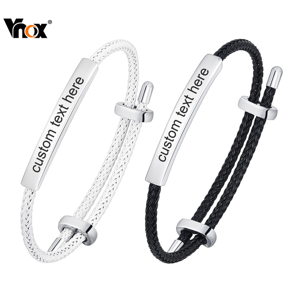 VNOX วีน็อกซ์ สร้อยข้อมือโค้งสแตนเลสแบบกําหนดเองสําหรับผู้ชายปรับแต่งเครื่องประดับชื่อแกะสลักฟรีสร้อยข้อมือเชือกปรับได้