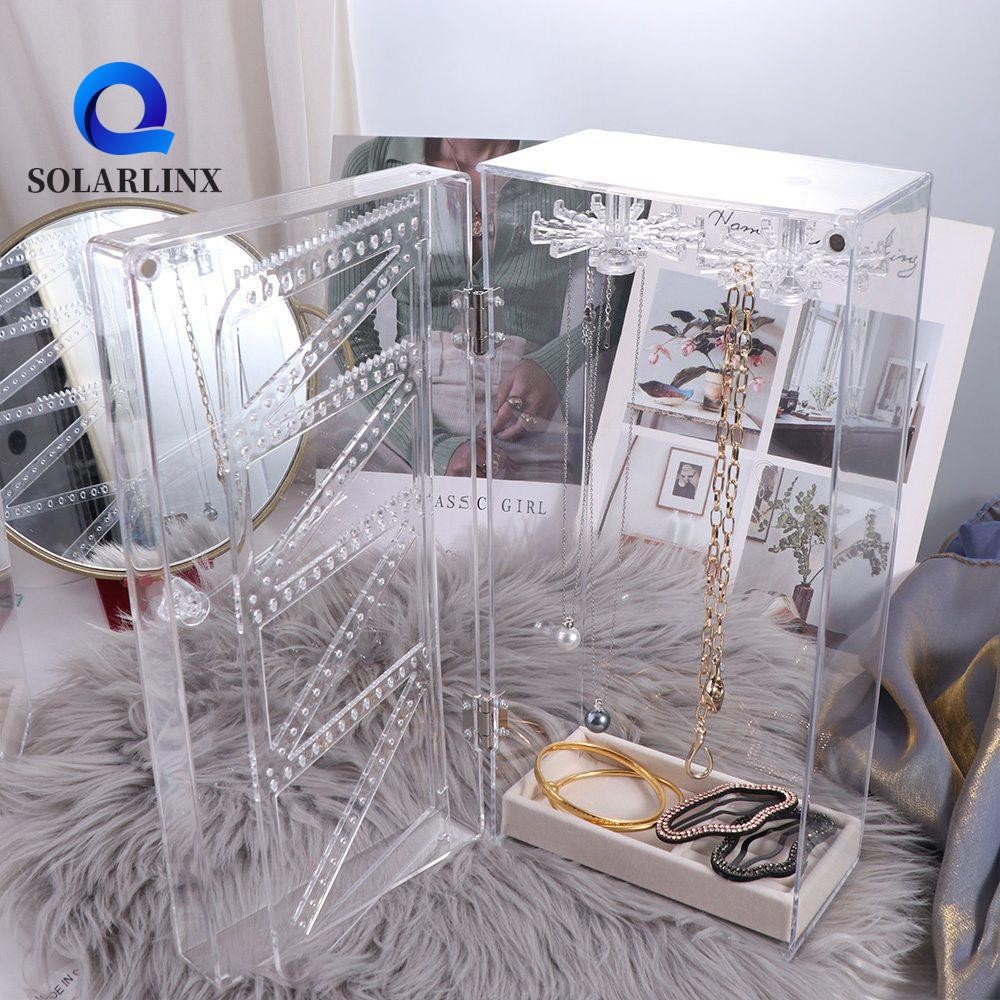 Solarlinx ที่ใส่สร้อยคอใส,พร้อมตะขอแขวน 24 อันเคสโชว์เครื่องประดับกันฝุ่น,มัลติฟังก์ชั่นหมุนได้พร้อมถาดกํามะหยี่สีเบจที่เก็บเครื่องประดับยืนจี้