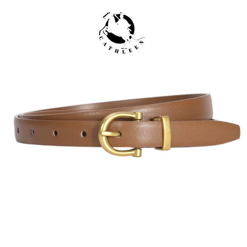CATHLEENเข็มขัดยีน หนังแท้ เข้ากับทุกการแต่งกาย สไตล์เรโทร แฟชั่นเรียบง่าย สําหรับผู้หญิงเข็มขัด