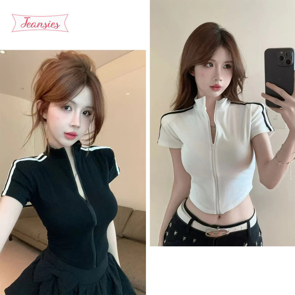 เสื้อยืดแขนสั้นแต่งซิปสวยๆ สำหรับผู้หญิง ใส่สบายและแฟชั่น