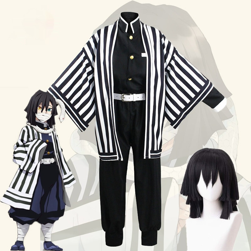 Adult Kids Anime Demon Slayer Cosplay Costume Iguro Obanai Black White Striped Kimono Suits