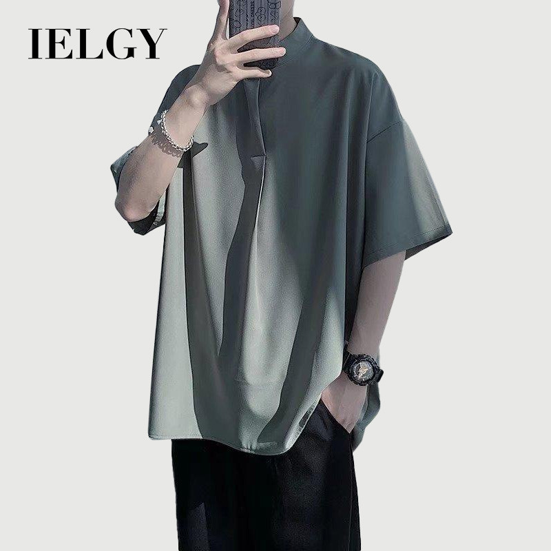 IELGY ฮอง กง สไตล์สไตล์ญี่ปุ่นสีทึบขนาดเล็ก ยืน คอปก ปุ่มเสื้อผู้ชาย