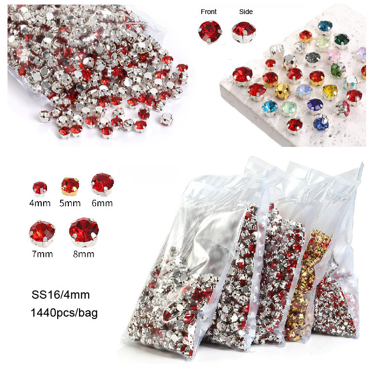 SS16 คริสตัลแก้วทรงกลม 4 มม. 1,440 ชิ้น/ถุง แบบกรงเล็บฐานสีเงิน สำหรับตกแต่งเสื้อผ้า DIY