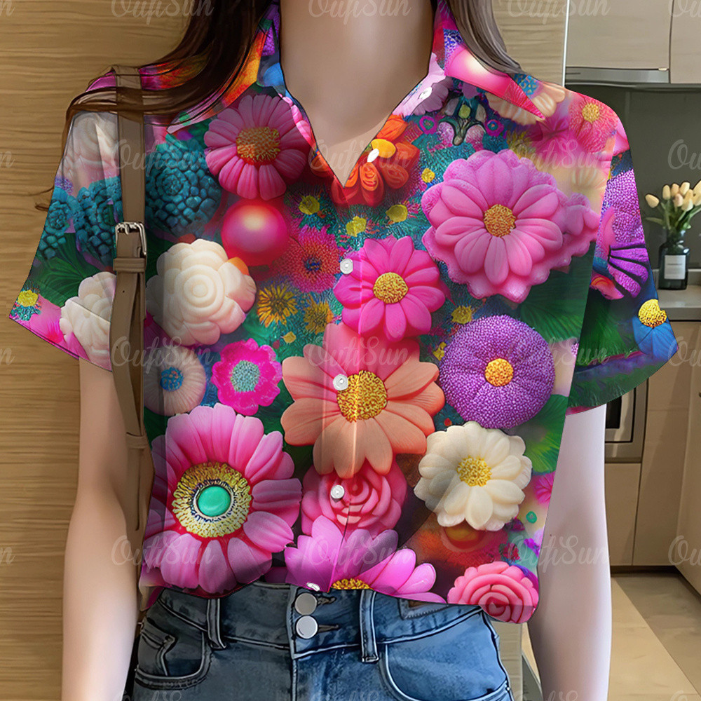 2568 เสื้อดอกไม้สงกรานต์ผู้หญิงฤดูร้อนใหม่เสื้อยืดผู้หญิงแขนสั้นปุ่มดอกไม้สบายและสีสัน