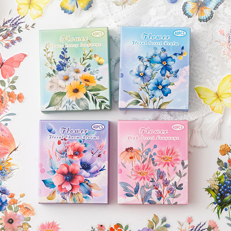 ดอกไม้บานชนิดบรรจุกล่อง 40 ชิ้นในสติกเกอร์ PET Full Bloom Series สมุดภาพ Deco DIY สติกเกอร์