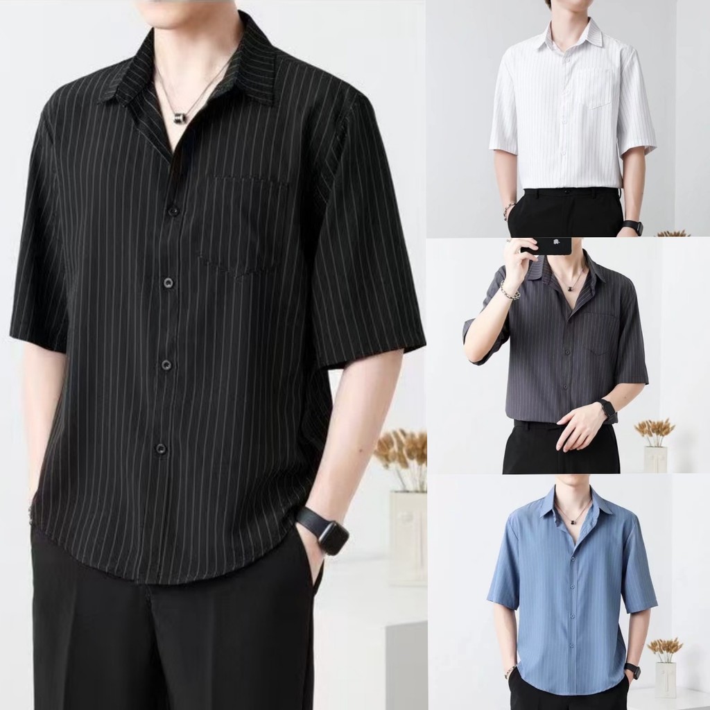 ProMan เสื้อเชิ้ตลายทางสำหรับผู้ชาย  คอปกแบบคลาสสิก  เรียบง่าย  ระบายอากาศได้ดี  เสื้อเย็บกระเป๋า