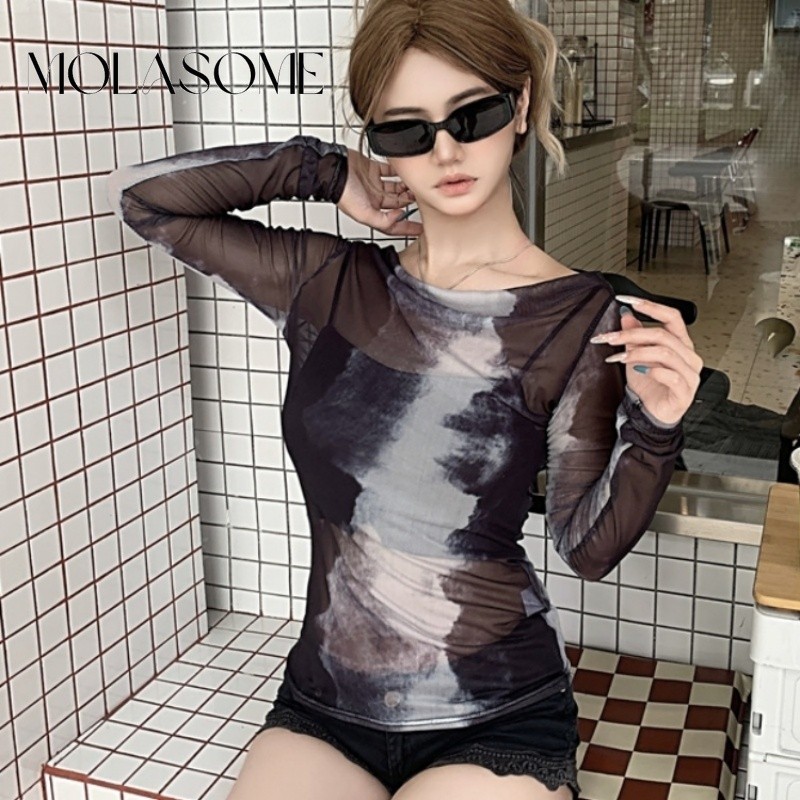 MOLASOME เสื้อยืดผู้หญิง 2025 โปร่งแสงตาข่าย Retro พิมพ์รอบคอกับแขนยาวสำหรับเสื้อลำลอง