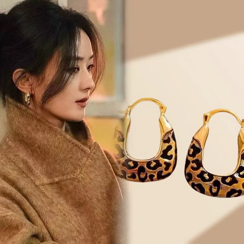 ยุโรปอเมริกันย้อนยุคสีทองเสือดาวพิมพ์ต่างหูรูปตัวยูระดับไฮเอนด์ต่างหูเฉพาะ