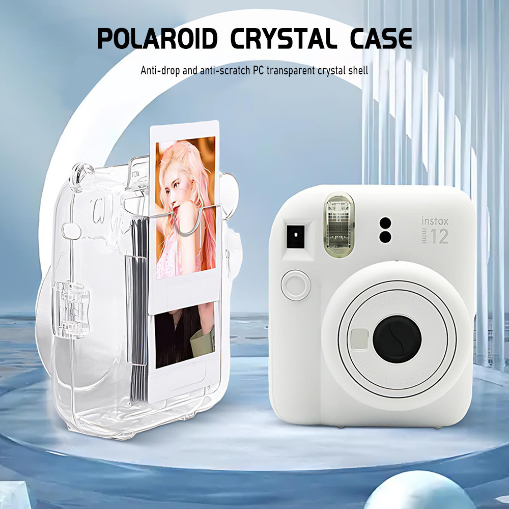 For Fujifilm Instax Mini 11 12 ชุดตัวเรือนกล้องโปร่งใส พร้อมถุงเก็บสายรัดไหล่ ด้วยสติกเกอร์น่ารัก สำหรับMini 11 12