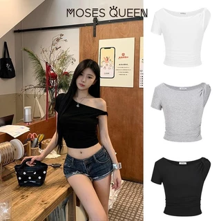 MOSESQUEEN เสื้อเบลาส์สไตล์คอเฉียงและดีไซน์เปิดไหล่ - แฟชั่นผู้หญิง #62823