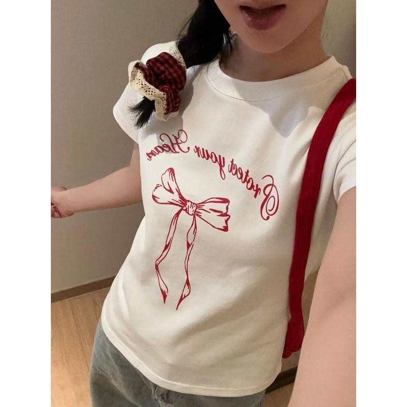 เสื้อยืดผู้หญิง เสื้อยืดสวยๆผู้หญิง เสื้อพิมพ์ลาย เสื้อยืดแขนสั้นพิมพ์ลายตัวอักษรโบว์ยอดนิยมแบบใหม่ ราคา ถูกที่สุด ดีลบีเคเค แกลเลอรีภาพที่ 8