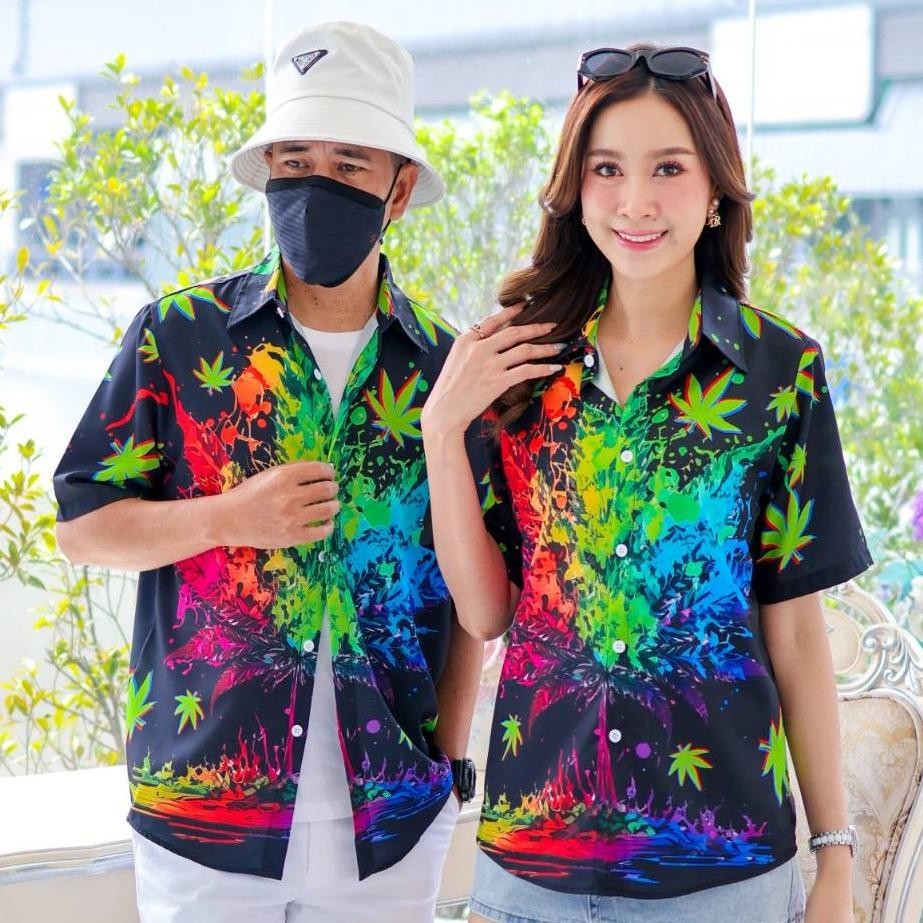 PINK3134 เสื้อฮาวาย สีสันสดใส ไซส์S-8XL ผ้าโพลีพลีเมี่ยม ทรงวัยรุ่น หญิงชายใส่ได้ ลายคมชัด **1ตัว**