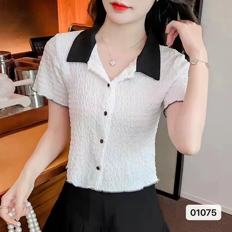 ชุดแฟชั่นผู้หญิงขนาดใหญ่แบบถัก คอปก สีบล็อก คาร์ดิแกนแขนสั้นอเนกประสงค์ SK1S TE9W