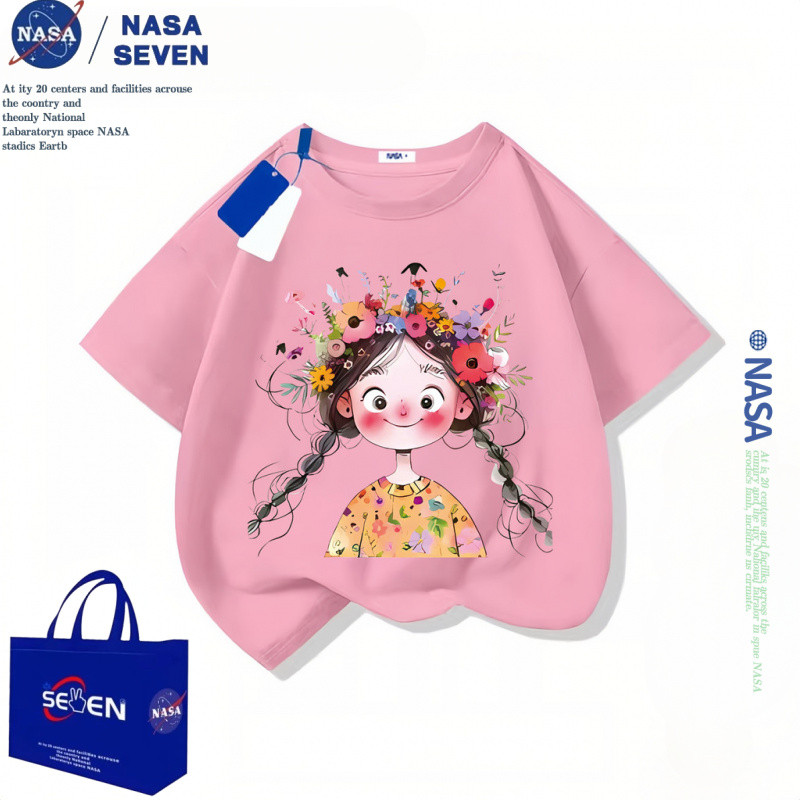 Nasa 2025 สไตล์ใหม่!2025 ฤดูร้อนรอบคอผ้าไหมน้ําแข็งพิมพ์แขนสั้นสไตล์ฮิปฮอปเสื้อยืดสาวสไตล์ตะวันตกครึ่งแขนเสื้อผ้าฤดูร้อนกลางเด็กเล็ก