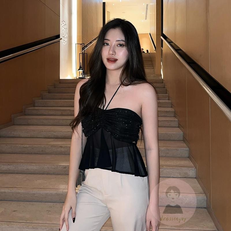 Dre-เสื้อตัวในผู้หญิง เสื้อกล้ามตาข่ายกลิตเตอร์คล้องคอแขนกุดสําหรับฤดูร้อน