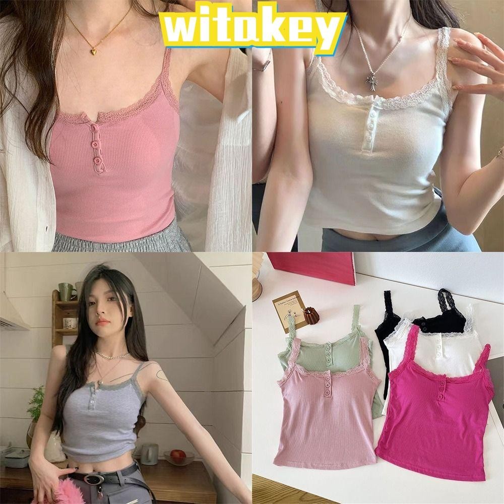 Witakey เสื้อกล้าม ผ้าโพลีเอสเตอร์ แต่งลูกไม้ สามารถปรับได้ เข้ารูป แฟชั่นฤดูร้อน สําหรับเล่นกีฬา