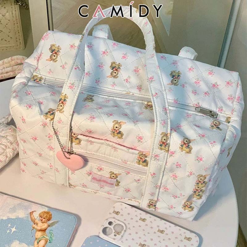 Camidy กระเป๋าเดินทาง ความจุขนาดใหญ่ ลายดอกไม้น่ารัก สําหรับนักเรียนหญิง