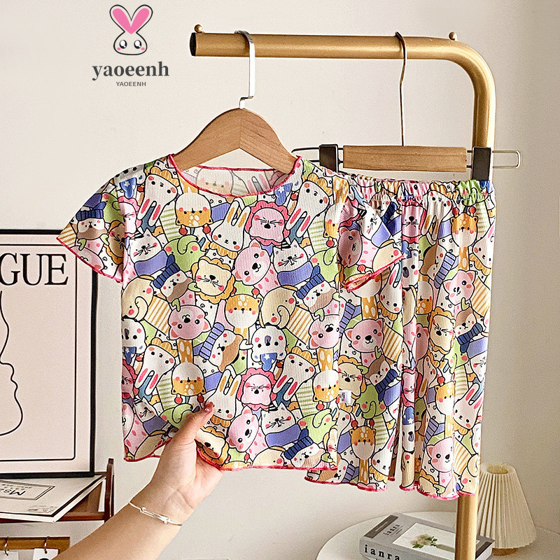 【YAOEENH】พร้อมส่ง ชุดนอน เสื้อครอปแขนสั้น และกางเกง ผ้าเรยอน แบบบาง ขนาดเล็ก กลาง และเล็ก แฟชั่นฤดูร้อน สําหรับเด็กผู้ชาย และเด็กผู้หญิง ไซซ์ 80-150 ซม.