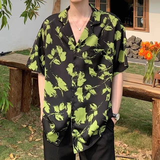 เสื้อเชิ้ตแขนสั้นลําลอง ทรงหลวม ลายดอกไม้ เหมาะกับเดินชายหาด แฟชั่นฤดูร้อน สไตล์ฮาวาย เสื้อเชิ้ตผู้ชาย
