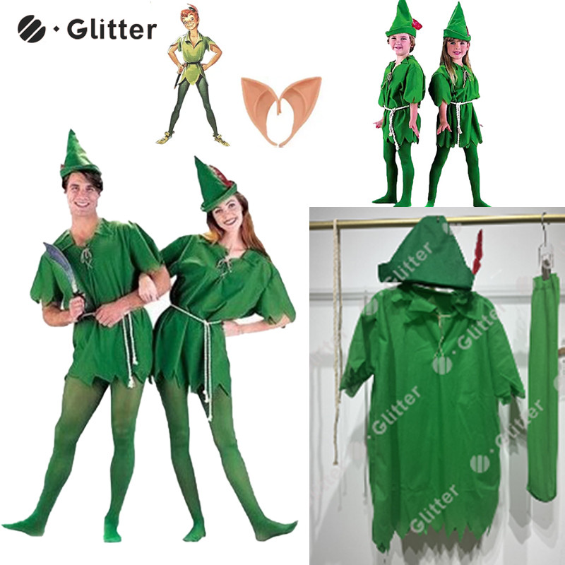 Peter Pan เครื่องแต่งกายสําหรับผู้ใหญ่ผู้ชายผู้หญิง Fairy Tale Prince ชุดถุงเท้าหูสําหรับเด็กเด็กผู้หญิงฮาโลวีน Carvinal คอสเพลย์