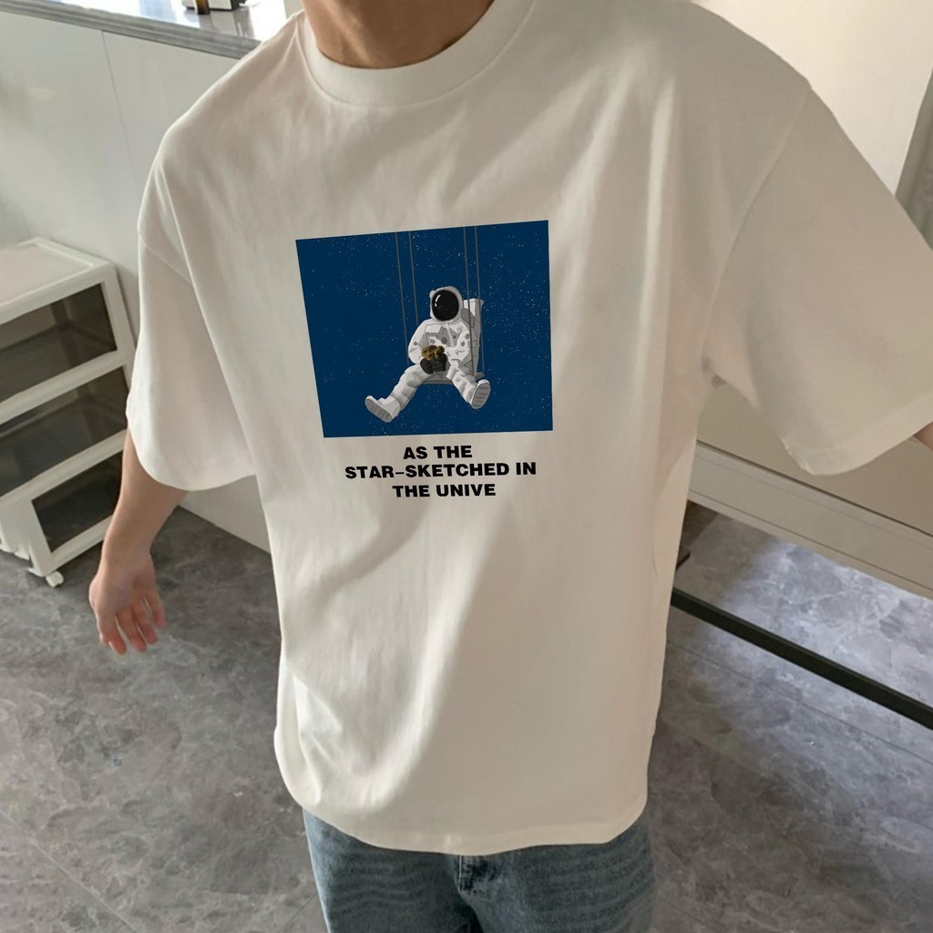 เสื้อยืดโอเวอร์ไซส์ ผู้ชายและผู้หญิง ลาย "STAR-SKETCHED" เสื้อยืดผ้าคอตตอน ผ้าฝ้ายใส่สบาย สไตล์เกาหลี เสื้อยืด มินิมอล