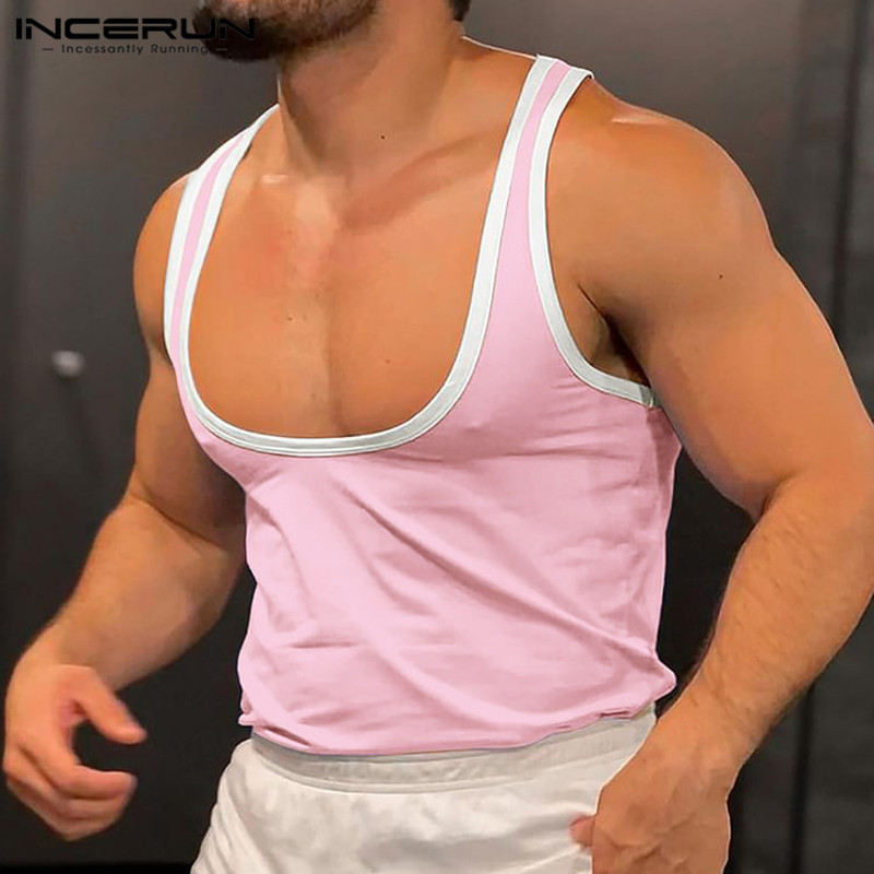 Incerun เสื้อกล้าม คอยู ทรงหลวม ขนาดใหญ่ สีตัดกัน สไตล์วินเทจ สําหรับผู้ชาย