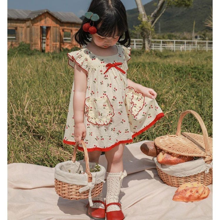 ชุดเดรส ผ้าฝ้าย ลายดอกซากุระ สีแดง แฟชั่นฤดูร้อน สไตล์เกาหลี สําหรับเด็กผู้หญิง