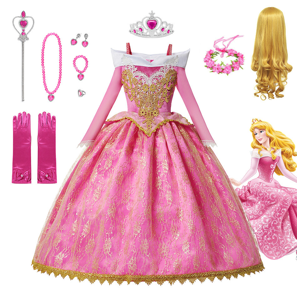 สาว Sleeping Beauty ชุดเด็กคอสเพลย์ชุดยาวเด็กวันเกิด Hallowen Custume
