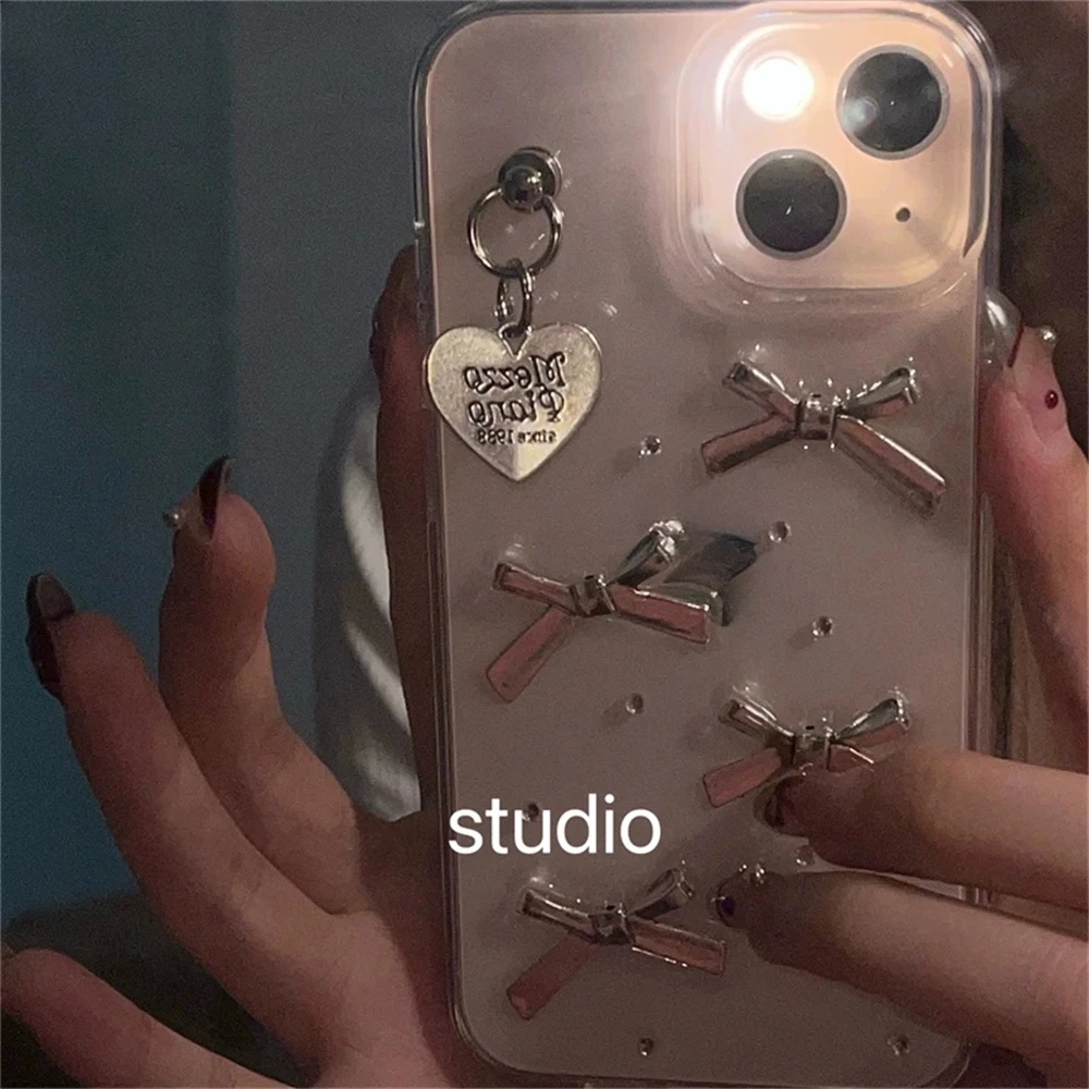 เคสโทรศัพท์มือถือใส แบบนิ่ม ลายโบว์ 3D สีเงิน สําหรับ Iphone16 ProMax 15 14 13 12 11 Pro MAx14 15 Plus