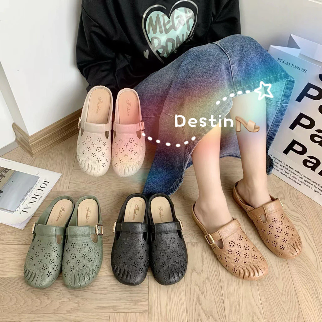 Destin🩰พร้อมส่งจากไทย🛒(TO-YXL)รองเท้าแตะผู้หญิงแบนสบาย ๆ Baotou ครึ่งรองเท้าแตะ แฟชั่นกลวงรองเท้าแตะหัวเข็มขัดหนึ่งคำ