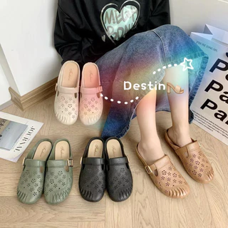 Destin🩰พร้อมส่งจากไทย🛒(TO-YXL)รองเท้าแตะผู้หญิงแบนสบาย ๆ Baotou ครึ่งรองเท้าแตะ แฟชั่นกลวงรองเท้าแตะหัวเข็มขัดหนึ่งคำ