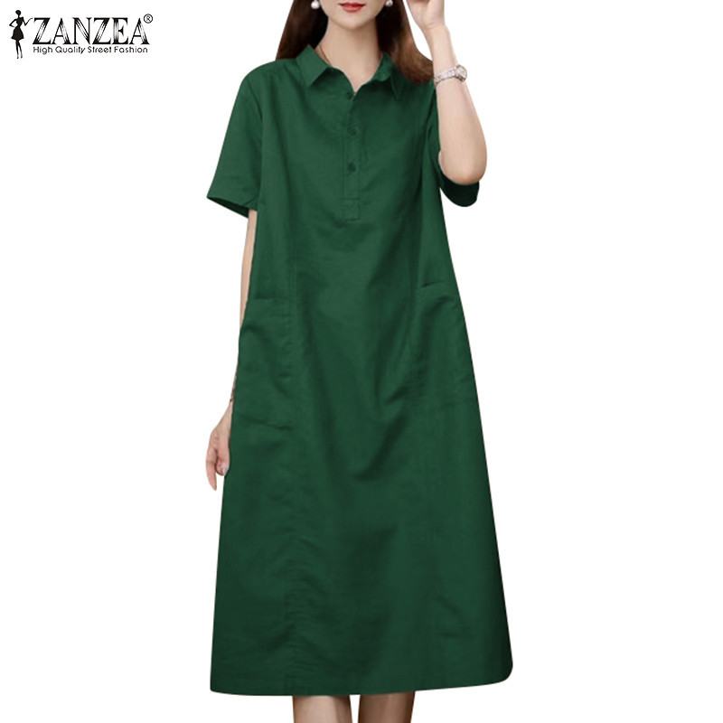 Zanzea ผู ้ หญิงแฟชั ่ นเกาหลีทุกวันแขนสั ้ น Patch Pocket Shirtdresses