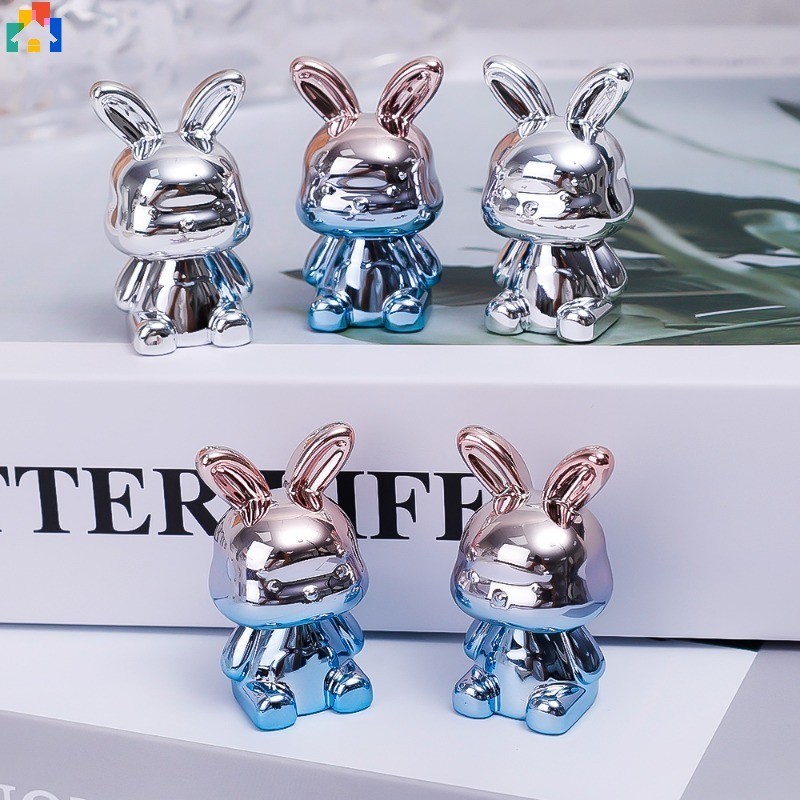 1 คู่ Silver Gradient นั่ง Electroplated กระต่ายสร้างสรรค์เดสก์ท็อปเครื่องประดับกระต่ายน่ารัก Figurines อุปกรณ์ตกแต่งรถยนต์ Office Decor