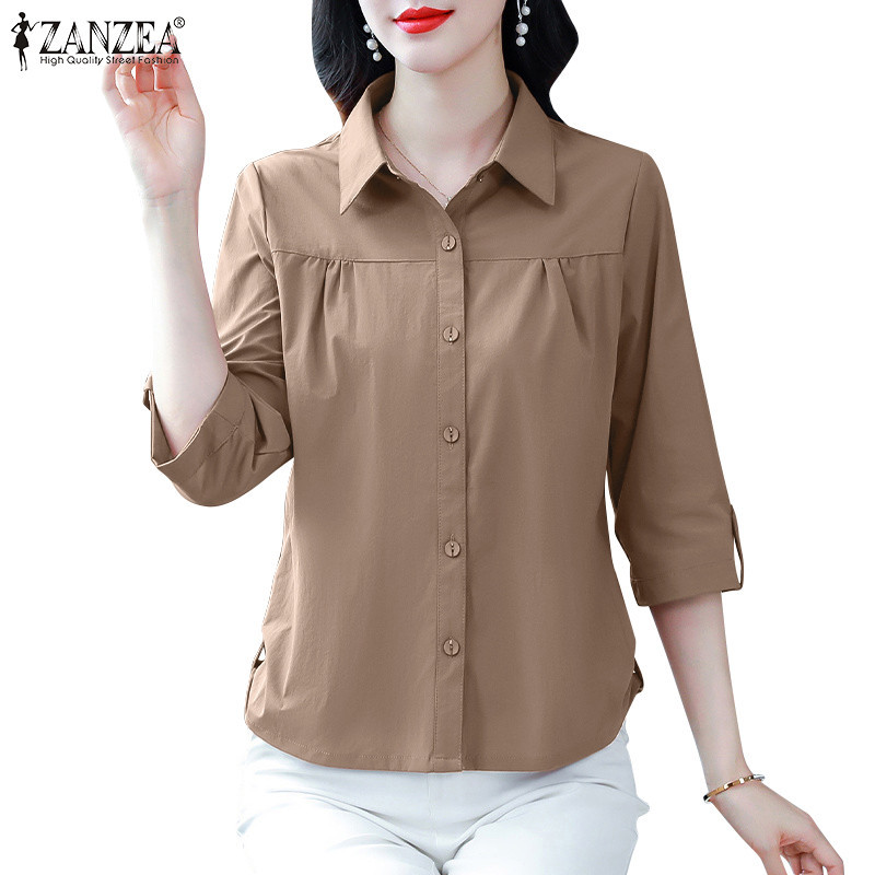 Zanzea ผู ้ หญิงเกาหลีปกปกจีบแขน Tabs เสื ้ อสีทึบ