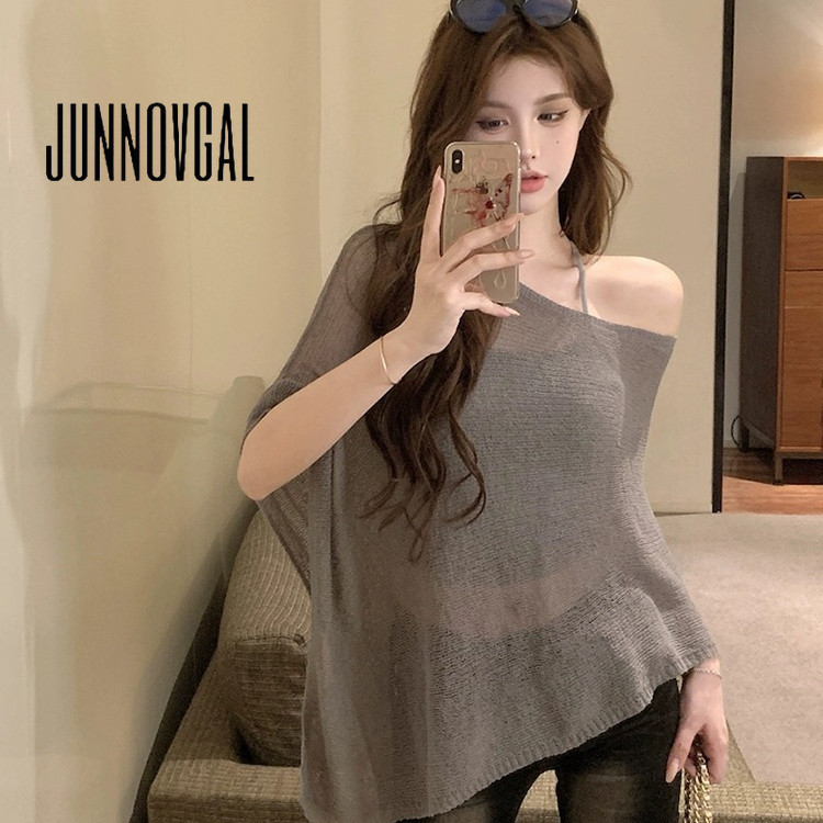 JUNNOVGAL เสื้อยืดผู้หญิงถักไม่สม่ําเสมอสีทึบโปร่งแสงสไตล์ใหม่ทุกการแข่งขัน
