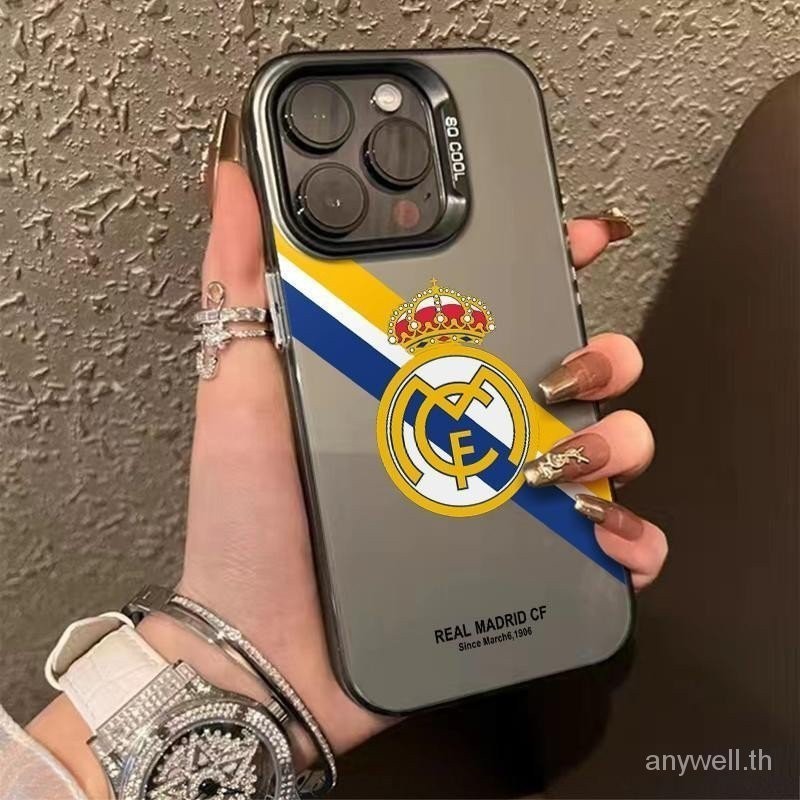 Real Madrid โลโก้ทีมสีเงินฟุตบอลพัดลมเคสโทรศัพท์สําหรับ iPhone 11 12 13 14 Pro Max Plus 12 13 mini X Xr Xs xsmax 7/8 7p/8plus SE ฟุตบอล